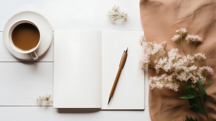 Concept of journaling, an opened notebook with blank pages ready to be filled with thoughts and ideas. The notebook is set in a serene and peaceful atmosphere, inviting creativity and introspection.