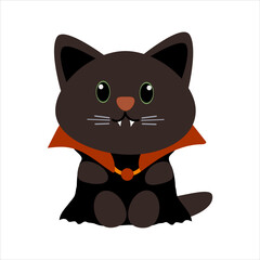 Black cat in a Dracula vampire costume for Halloween. Costume party . Cartoon cute vampire kitten . Adorable character for halloween cards
