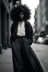 A black woman wearing a stylish monochrome coat strides confidently down the street in the autumn air, her big afro hair dancing in the wind - obrazy, fototapety, plakaty
