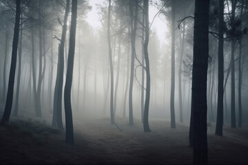 Old pine forest, misty day, in the style of romanticism vintage photo. Dull misty day hills landscape