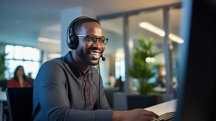 Male Telemarketer in Headset, Consulting Online Customer on Computer in Customer Support Office. generative AI - obrazy, fototapety, plakaty