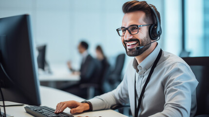 Male Telemarketer in Headset, Consulting Online Customer on Computer in Customer Support Office. generative AI - obrazy, fototapety, plakaty