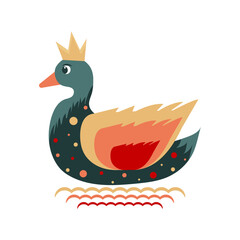 Cute multicolored duck with crown and with pattern polka dot on the waves. One from the collection for kids. Vector illustration