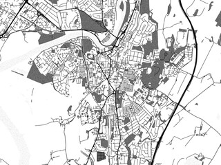 Greyscale vector city map of  Lancaster in the United Kingdom with with water, fields and parks, and roads on a white background.