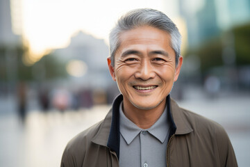 Fototapeta premium Generative AI photography of happy positive male person in the town smiling and enjoying walk