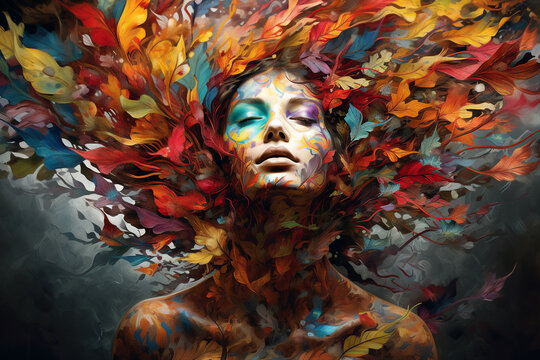 Picture made with generative AI of surreal mysterious creature goddess with flowers wreath