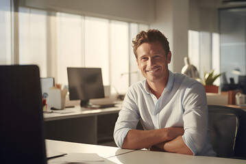 Naklejka premium Portrait of joyful, cheerful, happy employee sitting at desk in modern office