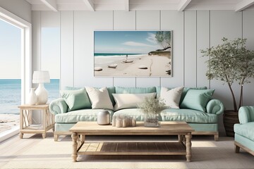 Coastal Living Room with a seafoam green sofa, driftwood coffee table, nautical decor, and panoramic ocean views. Coastal home decor.