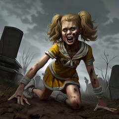Obraz premium Digital illustration of a zombie cheerleader in a scary cemetery