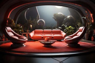Extraterrestrial Lounge with alien artifacts, futuristic seating, and a UFO-inspired, otherworldly ambiance. Extraterrestrial home decor.
