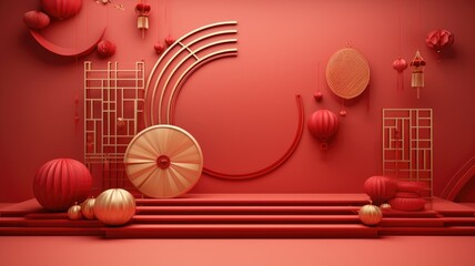 Inside the red colored Chinese hall and palace background for Chinese new year festival decoration.