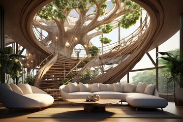Fototapeta premium Futuristic Tree of Life Living Room with a massive tree centerpiece, intricate root systems, and a futuristic, nature-inspired design. Futuristic tree of life home decor.