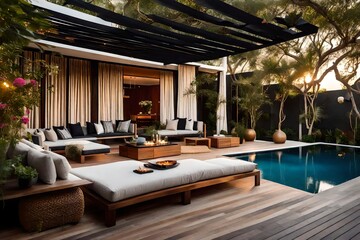 luxury hotel room with pool ,a lavish side outside garden at morning, with a teak hardwood deck and a black pergola. Scene in the evening with couches and lounge chairs by the pool, generative