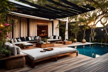 Obraz premium luxury hotel room with pool ,a lavish side outside garden at morning, with a teak hardwood deck and a black pergola. Scene in the evening with couches and lounge chairs by the pool, generative