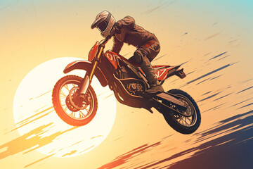anime-style image of a human ridiing a motorcycle. Mid air jump, race, action | Generative Ai