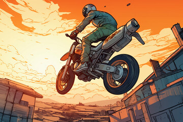 anime-style image of a human ridiing a motorcycle. Mid air jump, race, action | Generative Ai