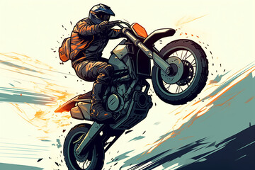 anime-style image of a human ridiing a motorcycle. Mid air jump, race, action | Generative Ai