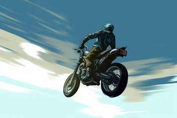 anime-style image of a human ridiing a motorcycle. Mid air jump, race, action | Generative Ai