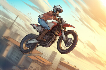 anime-style image of a human ridiing a motorcycle. Mid air jump, race, action | Generative Ai