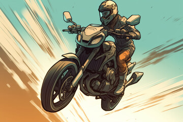 anime-style image of a human ridiing a motorcycle. Mid air jump, race, action | Generative Ai