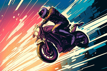 anime-style image of a human ridiing a motorcycle. Mid air jump, race, action | Generative Ai