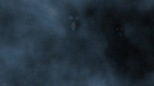 Two screaming shadows emerge from fog and look with glowing eyes. Creepy 2D animation. Horror fantasy genre. Gloomy characters from nightmares. Coal and noise effect. Blue and black background colors.