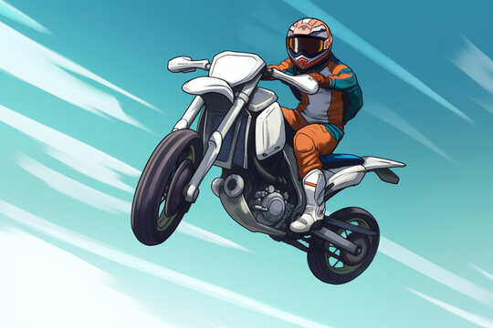 anime-style image of a human ridiing a motorcycle. Mid air jump, race, action | Generative Ai