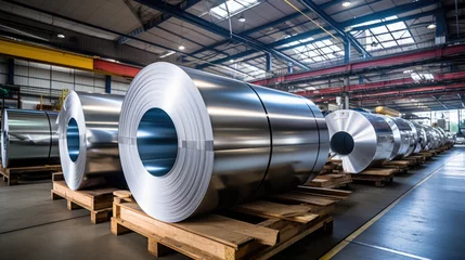 Fotobehang Rolls of galvanized steel sheet inside the factory or warehouse © Ruslan Gilmanshin