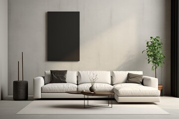 Minimalist Living Room in Monochrome Palette featuring a sleek white sofa, black coffee table, floor lamp, and abstract wall decor. Template