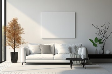 Minimalist Living Room in Monochrome Palette featuring a sleek white sofa, black coffee table, floor lamp, and abstract wall decor. Template