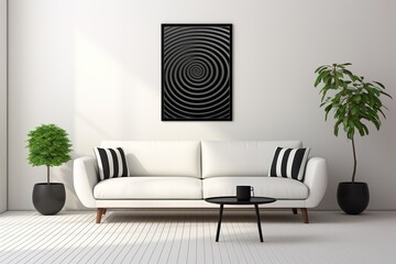 Minimalist Living Room in Monochrome Palette featuring a sleek white sofa, black coffee table, floor lamp, and abstract wall decor. Template