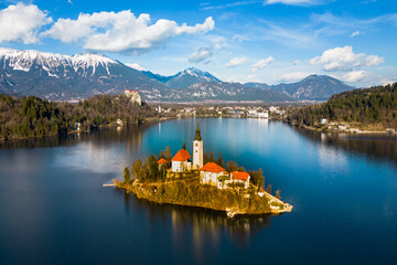 Lake Bled. mountain lake with a pilgrimage church. Slovenia's most famous lake and island Bled with...