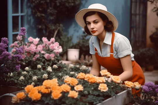 High contrast photo of young beautiful woman wearing 1960s style garden work clothes, apron, hat, taking care of flowers in wooden planting box. Lush cozy nicely shaded blooming garden with big trees