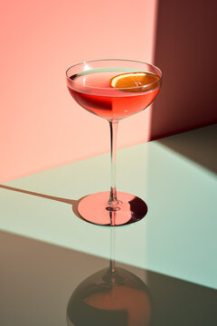 A studio photograph of a high end martini cocktail sitting on a bar top, with retro vintage gradient vibes.