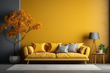 Stylish interior of living room at fancy home with design sofa, yellow side table, dried flowers, pillow, carpet decor and personal accessories in modern home decor, Template. Copy space