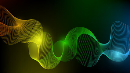 Abstract musical wave element of colored lines on black background for design. Vector illustration.