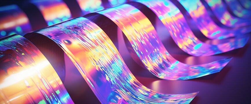 Bright pastel trendy background. Magic wallpaper. Holographic foil. Fantasy retro 80s, 90s. Very beautiful iridescent wall. Rainbow texture.