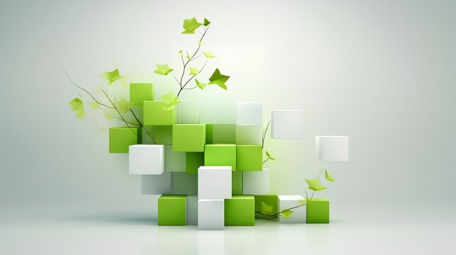 The concept of urban greenery showcases the integration of green spaces within a city environment. Abstract cubes, symbolizing urban structures, adorned with lush green leaves.