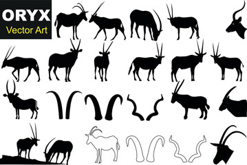 oryx Vector Art, collection of 16 black and white Oryx antelope illustrations. Includes various poses and angles, plus 4 distinct Oryx horn styles. Perfect for wildlife projects, biology presentation
