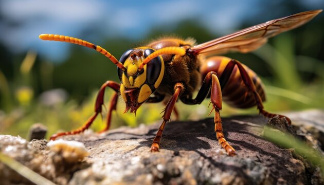 Photo of a european hornet perched on a rock, capturing its intricate details and vibrant colors