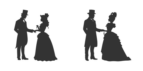 Victorian man and woman silhouette. Vector illustration. - obrazy, fototapety, plakaty