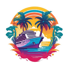 Yacht ship illustration in retro pop color design, perfect for club logo and summer t shirt design.Generative AI