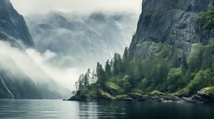 tourism misty fjord views illustration outdoor scenery, view water, forest green tourism misty fjord views - obrazy, fototapety, plakaty