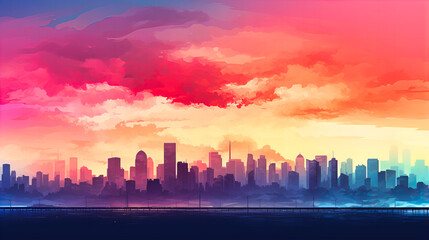 Urban Skylines Silhouetted Against Gradient Skies,