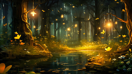 Animated Fireflies Lighting Up a Forest Glade