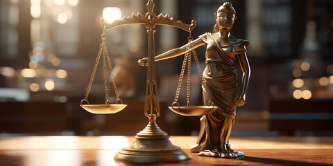 Lady Justice and scale， Symbol of Fairness and Law in Court Background - obrazy, fototapety, plakaty