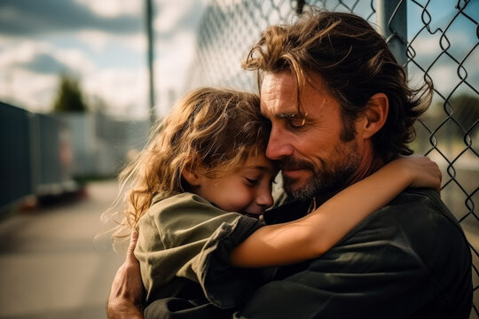 Embracing family at detention center gates heartfelt background with empty space for text 