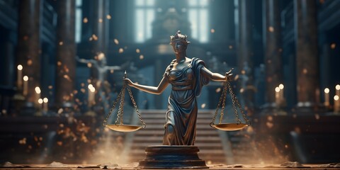 Lady Justice and scale， Symbol of Fairness and Law in Court Background