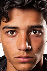 Obraz premium Young immigrants eyes filled with hope and uncertainty isolated on a white background 
