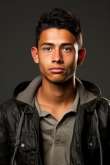 Fototapeta premium Young immigrants hopeful yet uncertain gaze isolated on a grey gradient background 